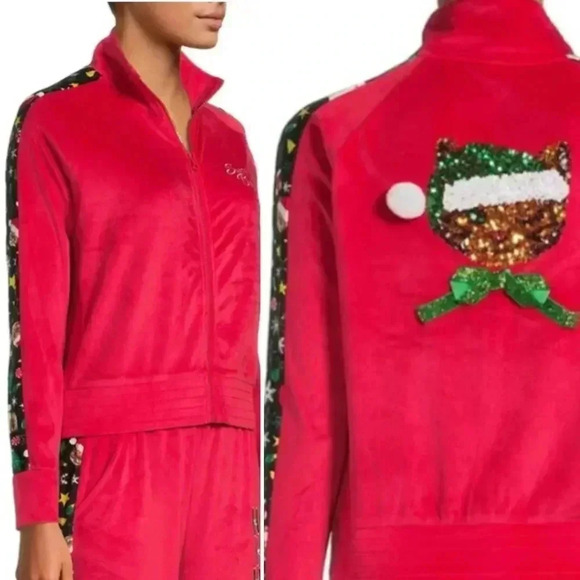 NWOT Santa Baby Christmas Cats Velour w/ Sequins Zip-up Track Jacket Junior's L - Picture 1 of 11